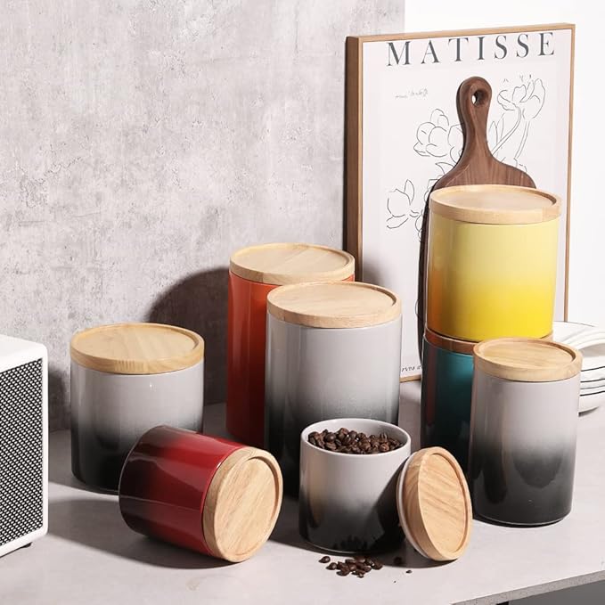 Sweejar Ceramic Food Storage Jar, Stackable Kitchen Canisters, Containers with Airtight Seal Wooden Lid for Serving Coffee Grounds, Coffee Bean, Flour, Tea, Spice and More - 39 Fl Oz (Gradient Gray)