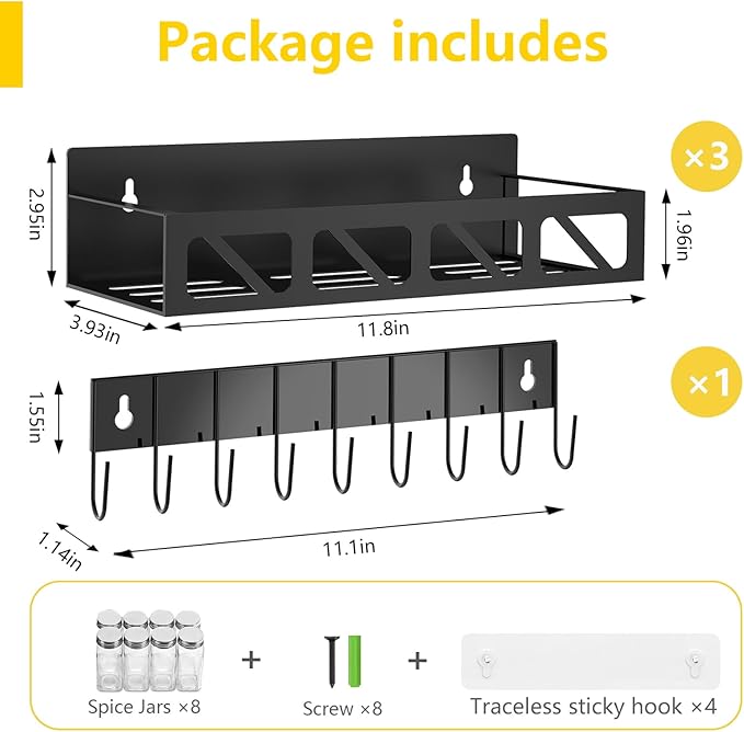 Magnetic Spice Rack Organizer for Fridge Seasoning Organizer for Kitchen storage with Screw or Adhesive Hanging,Magnetic Shelf with Hook for Refrigerator and Oven (3pack)