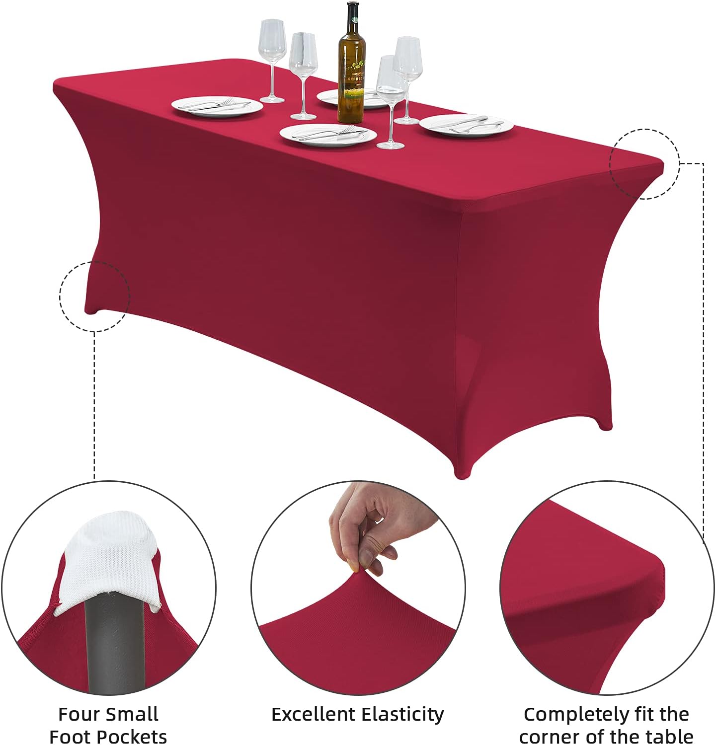 CWK 8FT Waterproof Stretch Spandex Table Cover for Rectangular Tables - Elastic Fitted Tablecloth for Folding Tables,Wrinkle Resistant Table Cloth for Parties, Weddings, Banquets & Events(Apple Red)