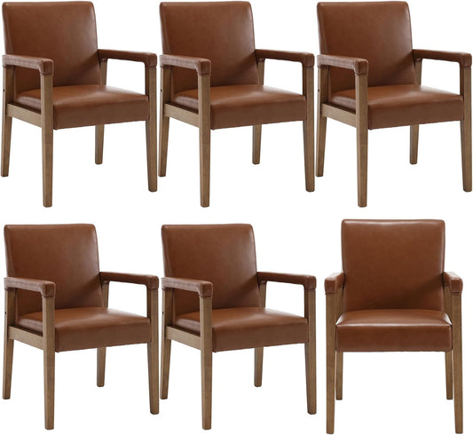 Kmax Modern Dining Chairs Set of 6 Faux Leather Kitchen Arm Chairs Upholstered Accent Chairs with Wooden Legs for Dining Room, Living Room, Bedroom, Brown