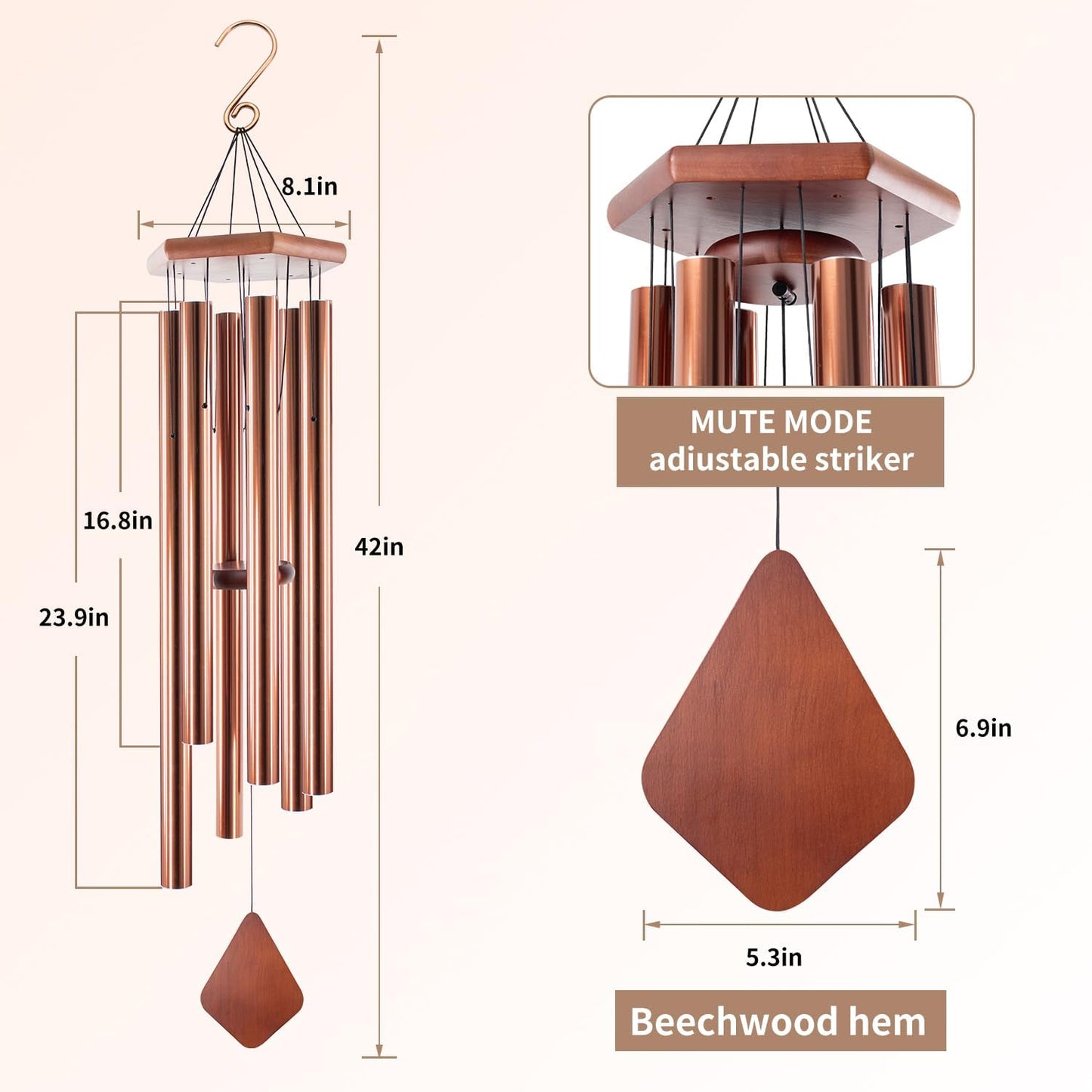 Wind Chimes Outdoor Large Deep Tone, 44 Inches Sympathy Wind Chimes Tuned Soothing Melody, Memorial Wind-Chime with 6 Heavy Tubes for Outside Decoration, Garden/Yard. Copper