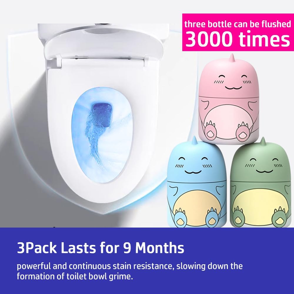 Cute Dinosaur-Shaped Toilet Bowl Cleaner Bottle, Bathroom Toilet Tank Cleaner with Ocean, Jasmine, and Peach Scent,Three bottles can be used for 9 months (1, Three colors and three bottles)