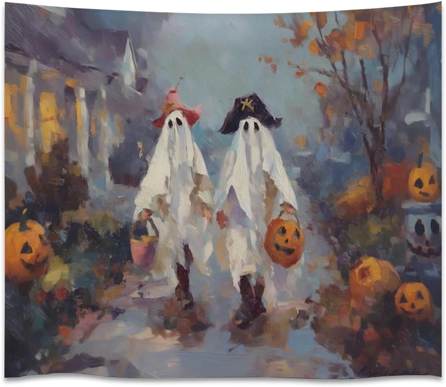 Funny Halloween Ghost Tapestry Wall Hanging Cute Kids Nursery Room Decor Trick or Treat Art Print Goth Fall Pumpkin Ghost Tapestries for Living Room Bedroom wall Decor 40x60inch