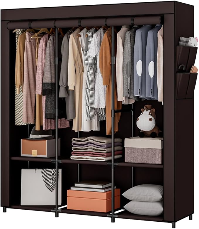 SORCEDAS Portable Closet Wardrobe Storage Organizer Metal Hanging Rack Non-Woven Fabric 50 Inch (Coffee)