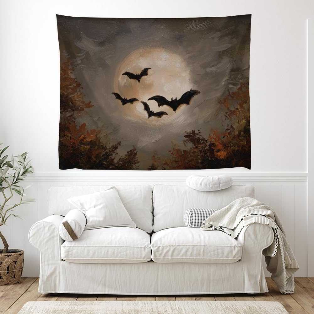 Spooky Halloween Bats Dark Academia Full Moon Autumn Leaves Wall Hanging Vintage Haunted Home Artwork Gothic Witchy Ghost Tapestries for bedroom Living Room Decor 50x60inch