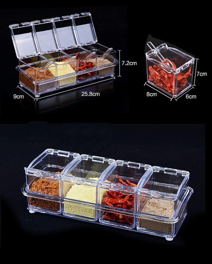 Clear Seasoning Box - 4 Piece Acrylic Spice Storage Container storage Tool for Kitchen Herb Spice Tools Gadgets-Cruet with Lid and Spoon