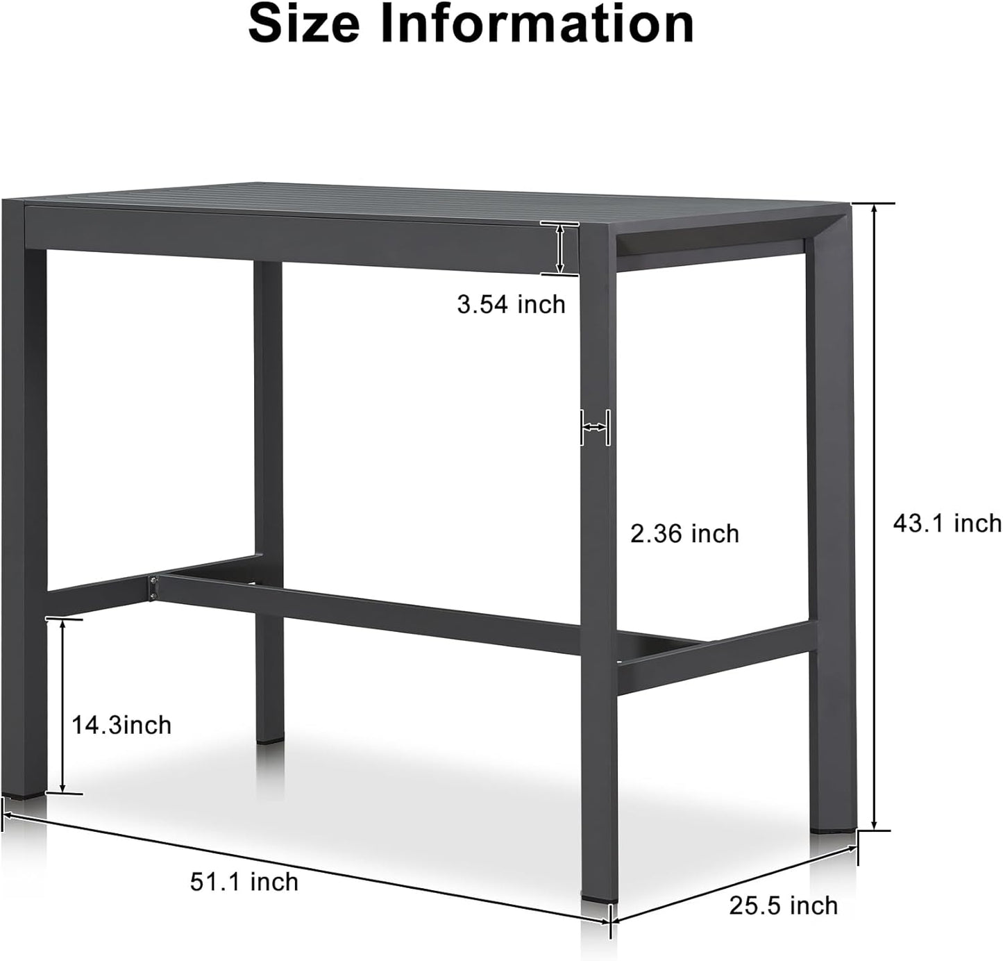 PURPLE LEAF 43.1'' Rectangle Outdoor Patio Bar Height Pub Table, Outside Aluminum Tall Kitchen Bar Table with Sturdy Legs for Bar Stool, Indoor and Outdoor, Garden, Grey