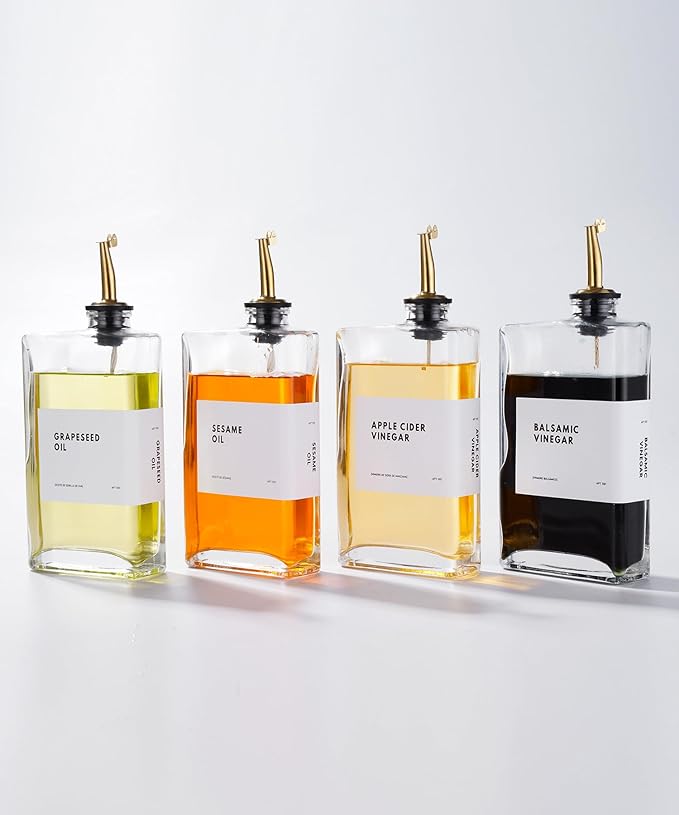 Olive Oil Dispenser for Kitchen, Cooking Oil and Vinegar Dispenser Set, Olive Oil Bottle, Soy sauce dispenser, coffee syrup bottles with stainless steel pourers - 4 pcs, Gold