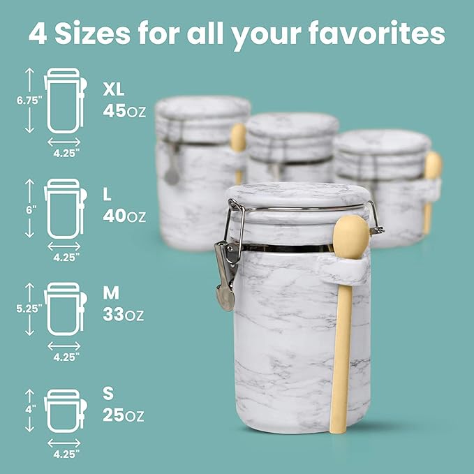 Home Intuition 4-Piece Ceramic Kitchen Canisters Set, Airtight Containers with Wooden Spoons Reusable Chalk Labels and Marker for Sugar, Coffee, Flour, Tea (White Marble)