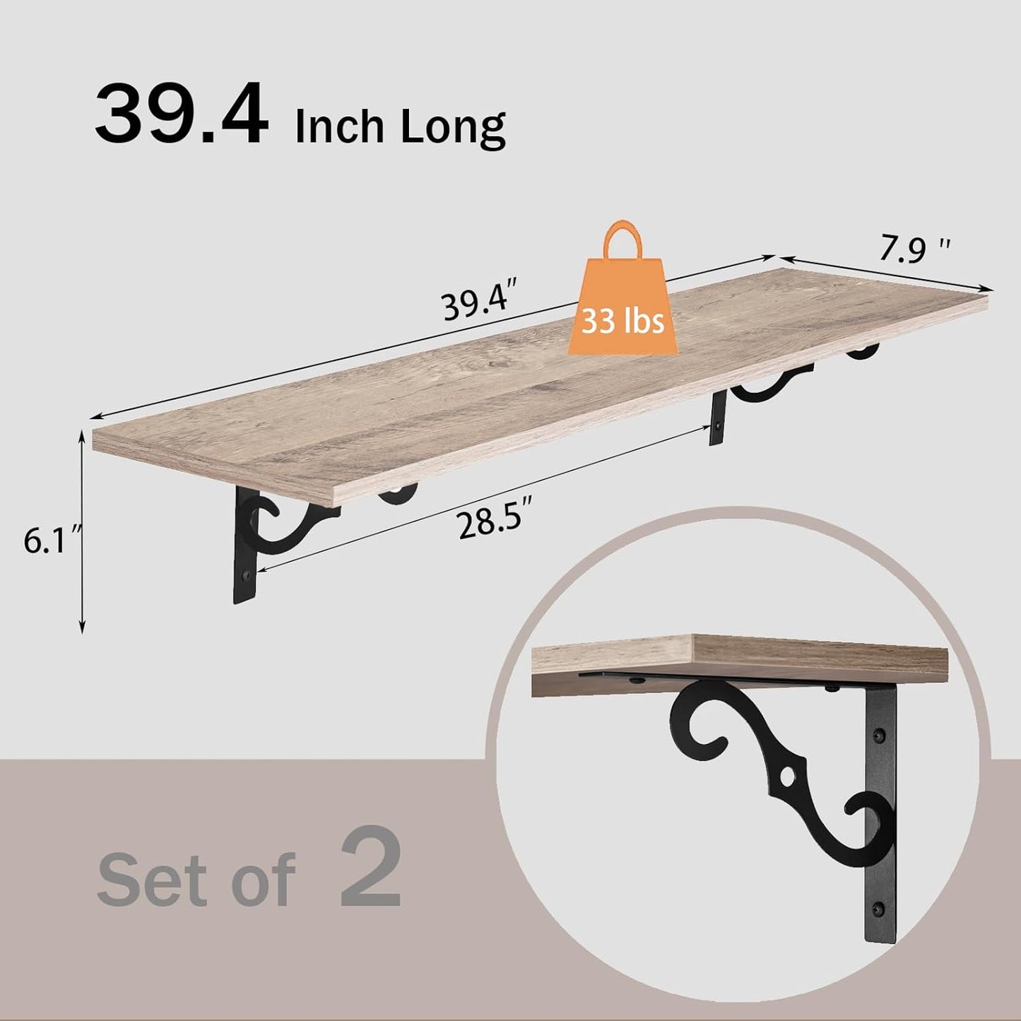 DINZI LVJ Long Wall Shelves, 39.4 Inch Large Floating Shelves Set of 2, Wide Display Shelf Wall Mounted with Brackets, Easy Hanging for Living Room, Toilet, Office, Bedroom, Greige