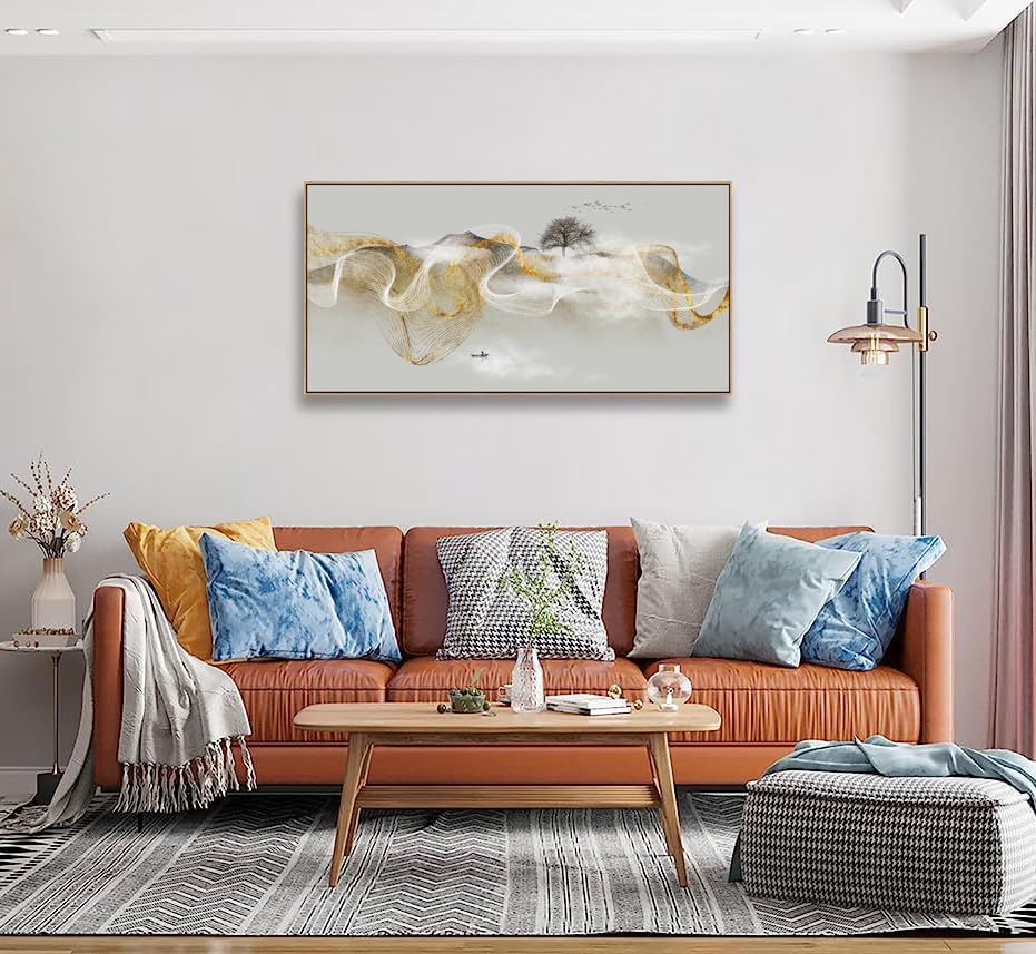 HUADAOART Wall Art Modern Zen Light Luxury Natural Landscape with Golden and White lines Background Wall Decor Canvas Prints for Living Room Bedroom 24x48 Inches (Framed)