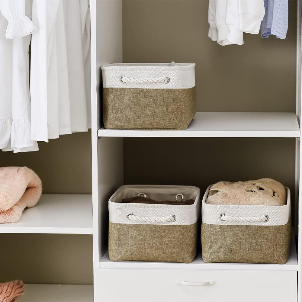 TheWarmHome Storage Basket for Organizing - 14x10x7 inch Medium 3 Pack Collapsible Storage Bin for Shelves with Handles, Canves Storage Box for Organizer Cubes Cloth Gift Toy Closet (White & Khaki)
