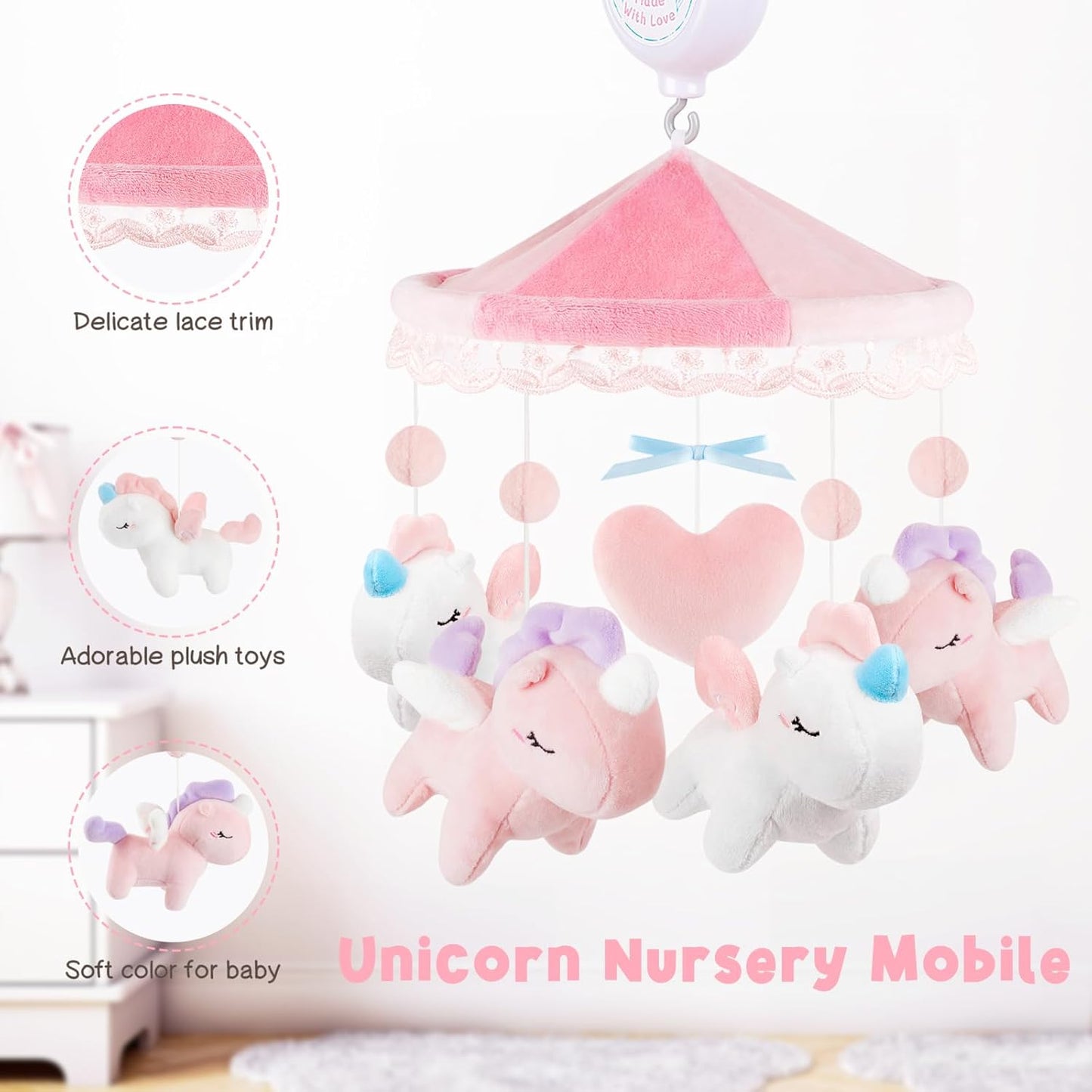 Unicorn Musical Crib Mobile for Girls - Baby Mobile for Crib with 12 Lullabies, Soft Pink Baby Crib Mobile, Nursery Mobiles, Fits Standard Cribs