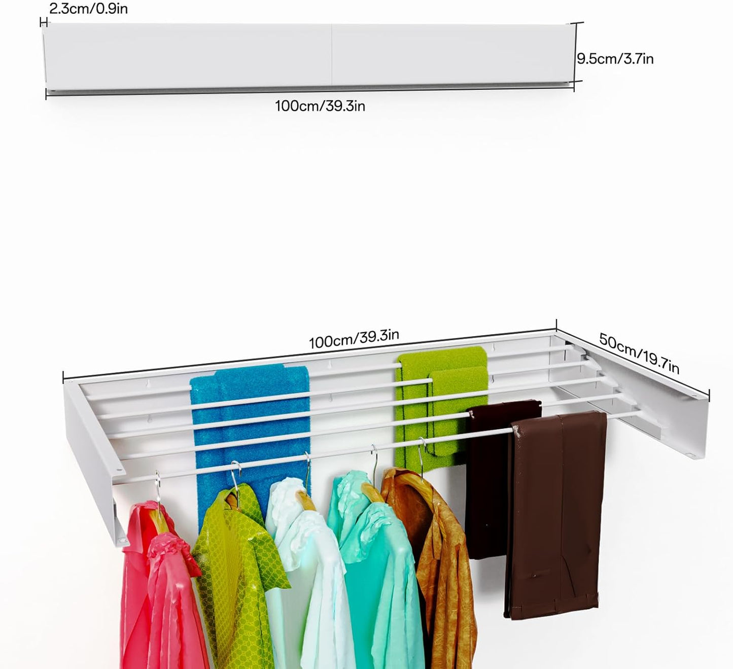 Wall Mounted Drying Rack for Laundry 40'', Folding Drying Rack Clothing Wall Mount with 5 Rods, Space Saving for Indoor Outdoor Bathroom Balcony (White, 40'')