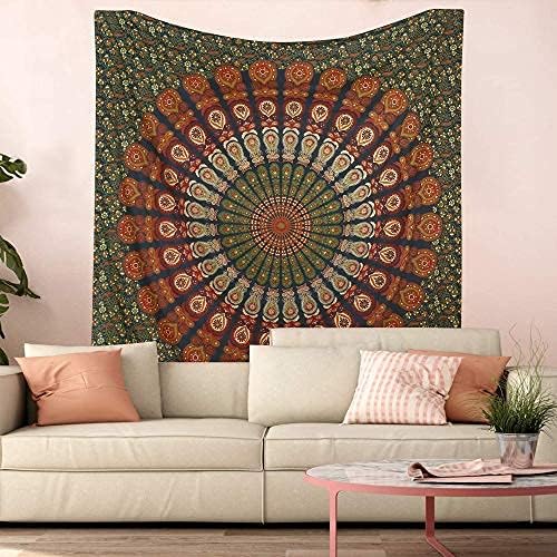 Bless International Handmade Indian hippie Bohemian Psychedelic Peacock Mandala Wall hanging College Dorm Beach Throws Table Cloth Bedding Tapestry (Golden Green, King(88x104Inches)(225x265Cms))