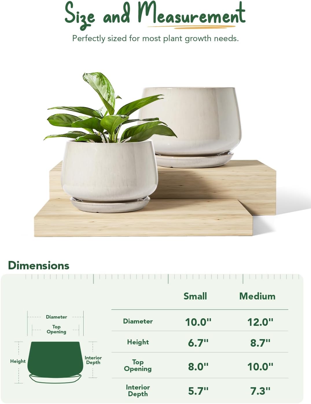 LE TAUCI Ceramic Plant Pots, Set of 2, 10 + 12 Inch Plant Pot, Elegant Planters for Indoor Plants, Sturdy Planter with Drainage Hole and Saucers, Perfect for Home Decor, Reactive Glaze Beige