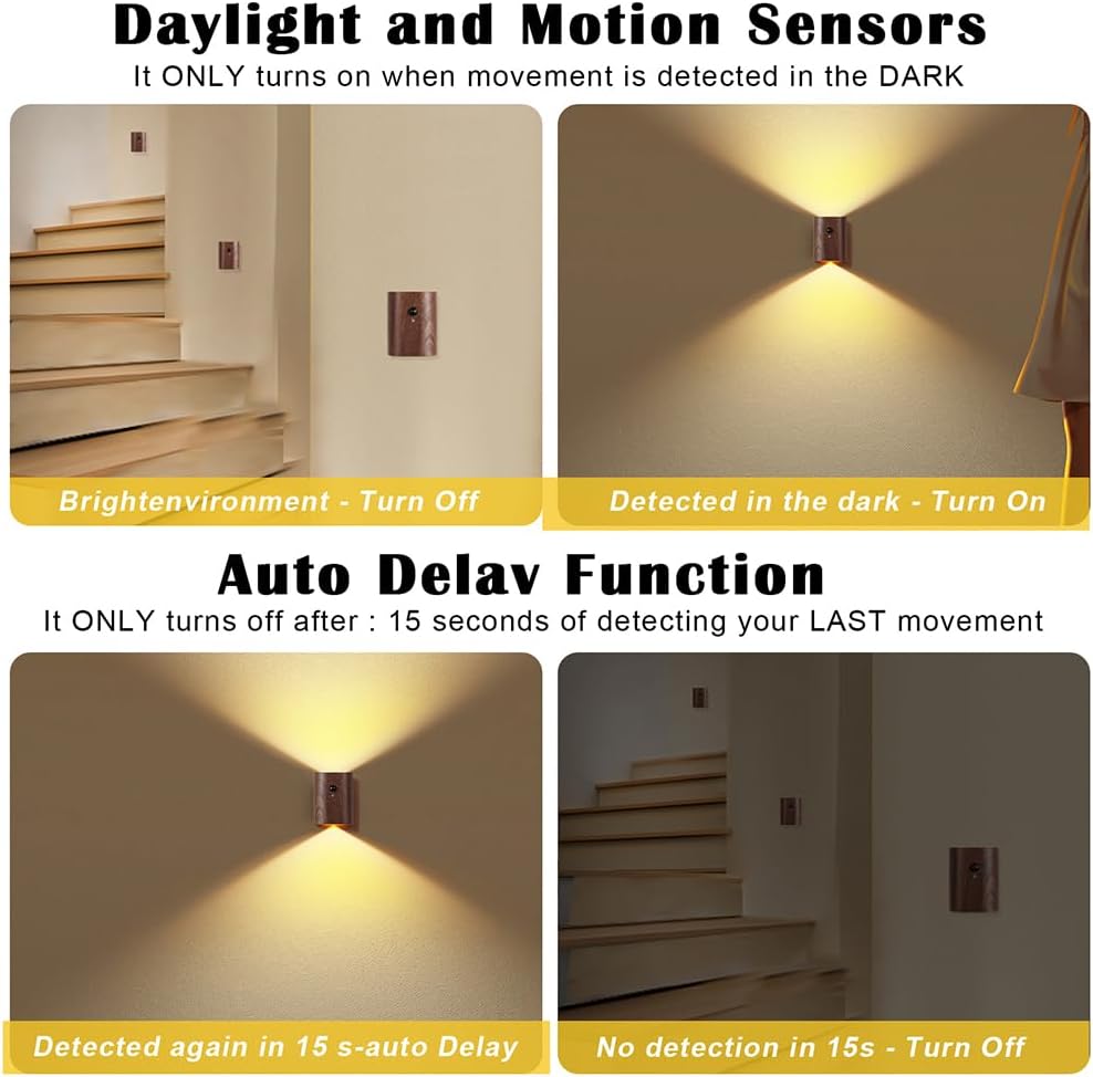 LANDGOO Smart Night Light Step Lights 2 Pack - Rechargeable Motion Sensor Stair Lights, 2700K Warm White LED, Walnut Wood for Hallway & Bedroom Safety