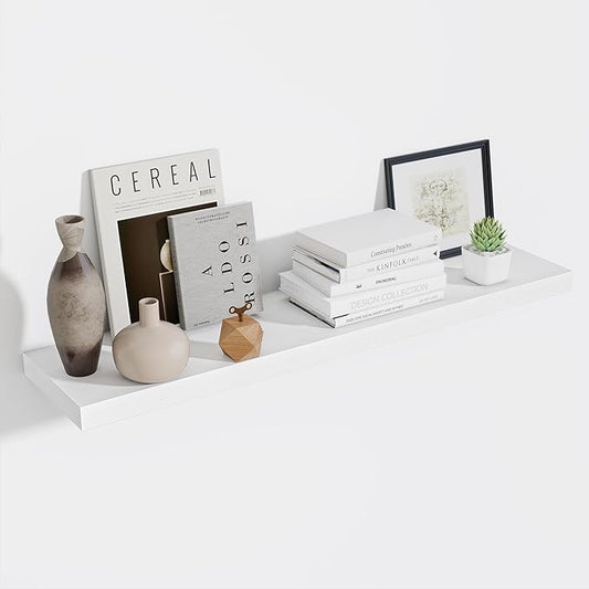 Fun Memories 10 Inch Deep Shelves, Floating Shelves for Wall 48 Inches Long, Wood Floating Shelves for Wall, Large Storage Shelves Wall Mount for Living Room Bedroom, White, Set of 1