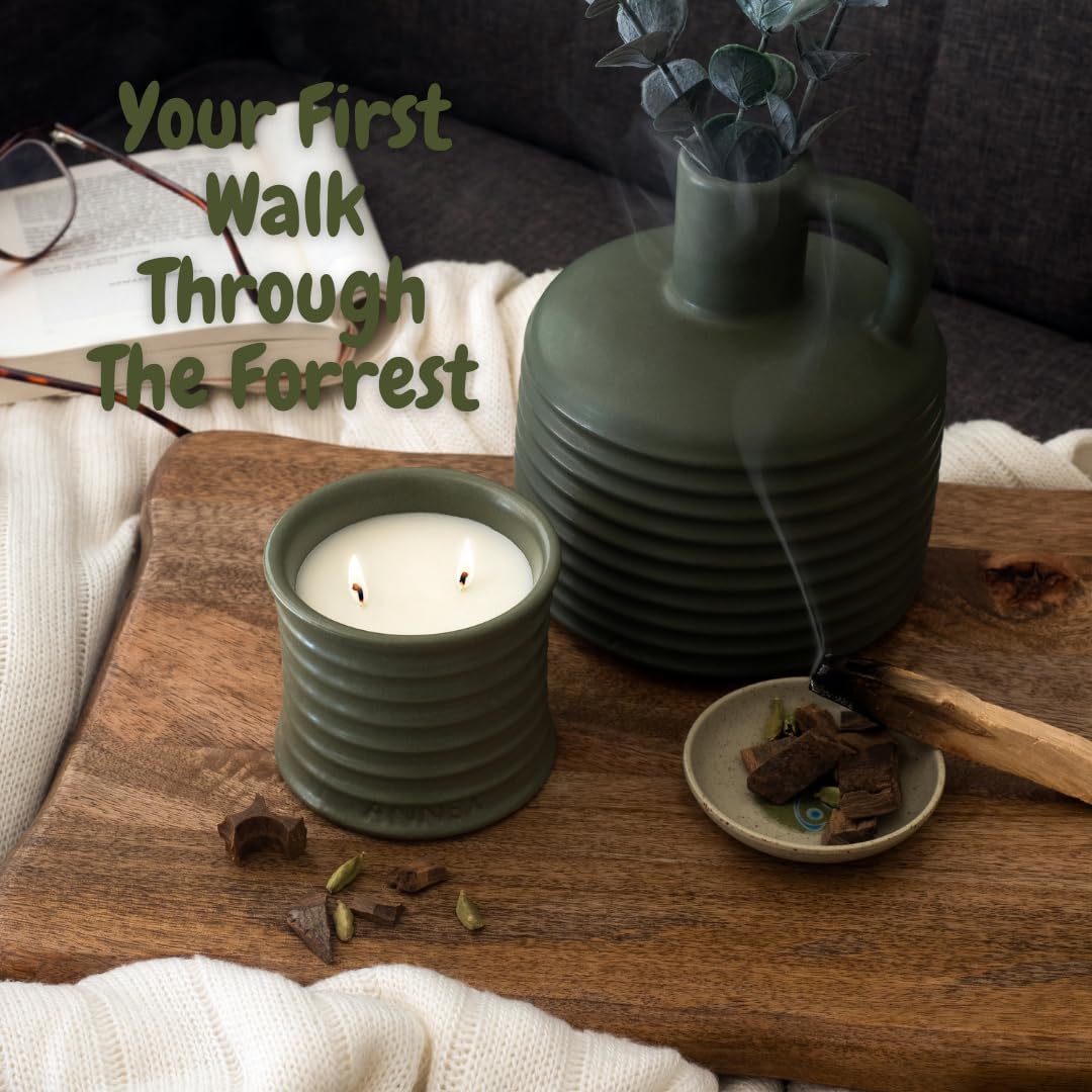 Scented Luxury Candles in Handmade Ceramic Jars, Soy Wax | Woody Wood – Oud & Agarwood, Large Candle | Non Toxic, 2 Wicks, Reusable Big Olive Green Jar | Natural Spring Aromatherapy for Women & Men