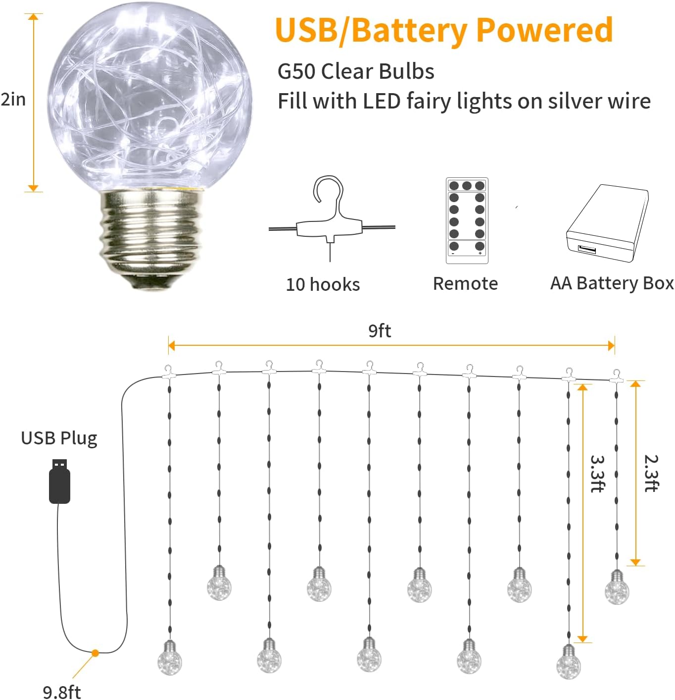 YOLIGHT Wishing Ball Curtain Lights 200 LED Window Curtain String Lights with Remote, USB Battery Powered Twinkle Globe Fairy Lights for Wedding Party Bedroom Halloween Christmas Decoration (White)