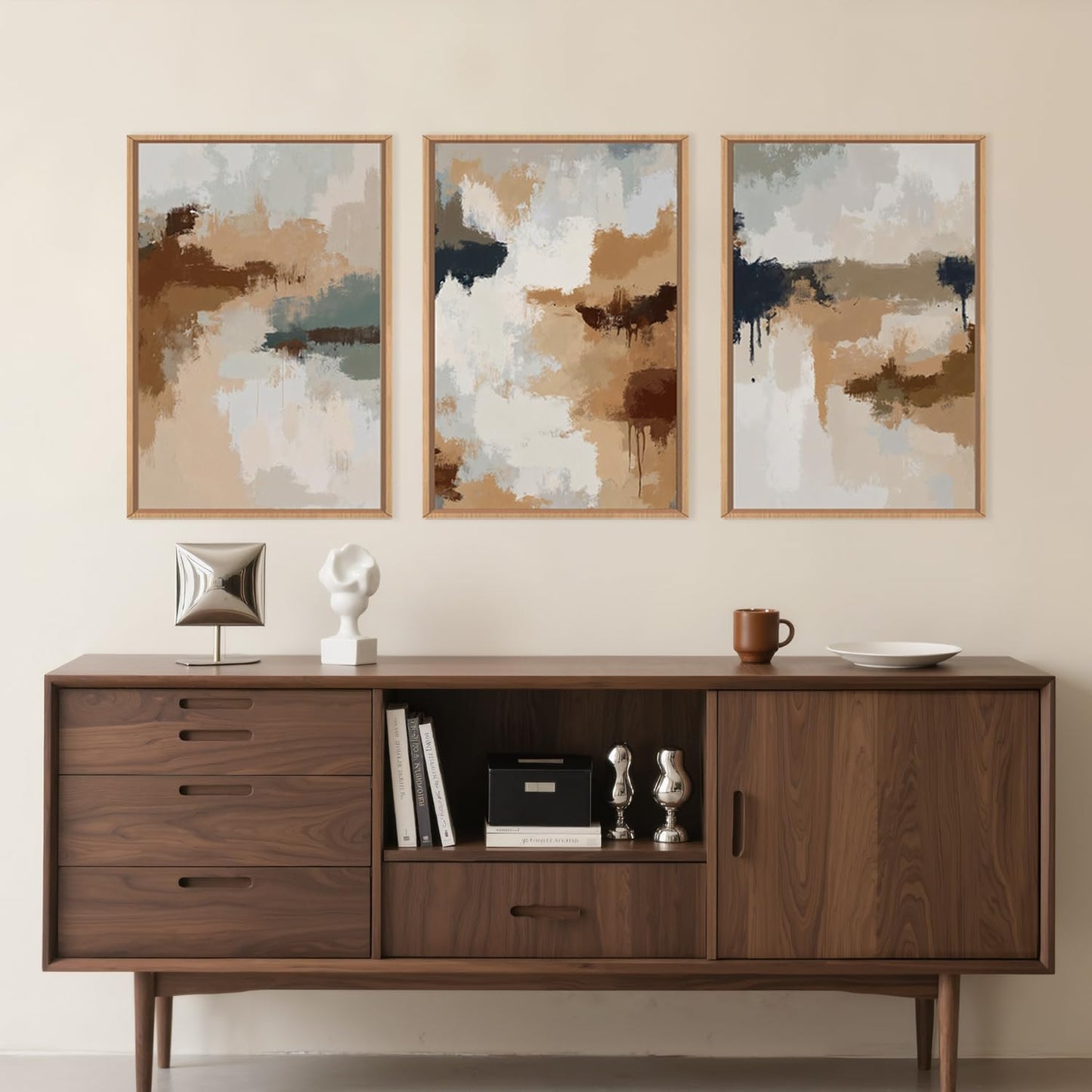 LHIUEM Large Abstract Brown Grey Framed Canvas Wall Art,Neutral Brush Stroke Pastel Wall Decor,Modern Color Block Wall Painting,Minimalist Artwork for Living Room,Bedroom,Dining Room,Office -16"x24"x3