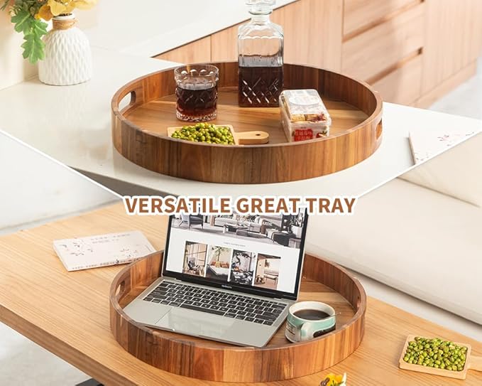 Extra Large Round Ottoman Coffee Table Tray, 22" Big Kitchen Serving Trays for Huge Ottoman Counter Giant Decorative Organizer, Huge Wood Serveware Tray with Built-in Handle for Big Job