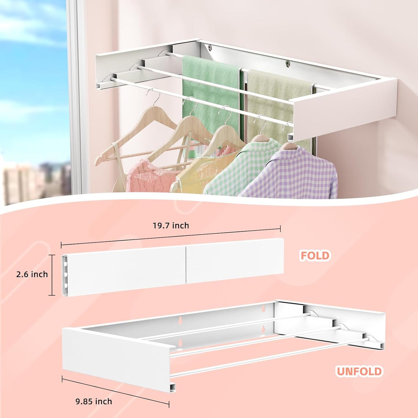 Wall Mounted Drying Rack for Laundry 19.8'', Folding Drying Rack Clothing Wall Mount with 3 Rods, Space Saving for Indoor Outdoor Bathroom Balcony (White, 19.8'')
