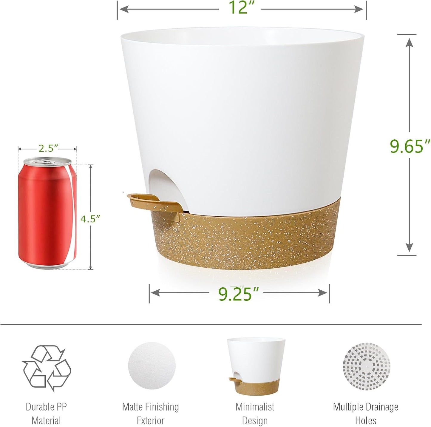 Self Watering Pots for Indoor Plants,12 inch Planters with Drainage Holes Plastic Flower Pots with Deep Reservoir, White with Brown