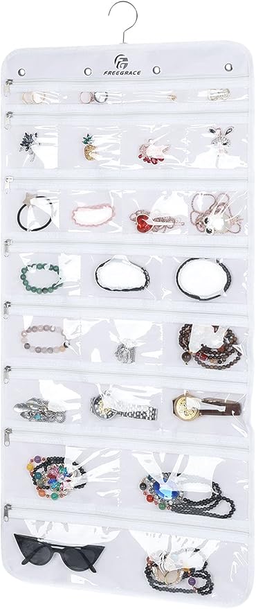 Freegrace Hanging Jewelry Organizer Revolving Hanger - Secure Zipper Closure - 25 Pockets,23 Hooks - Foldable Storage & Display Solution - For All Jewelry & Bijoux (White)