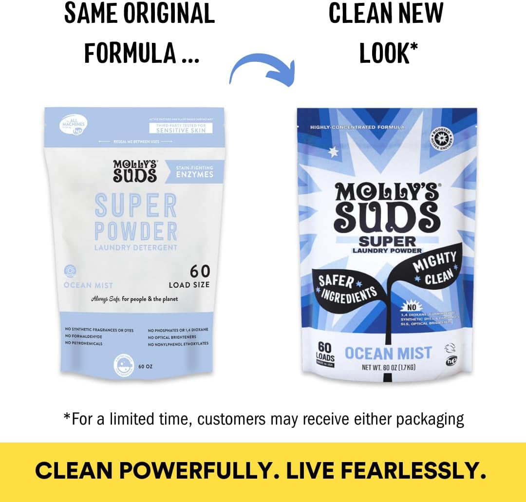 Molly's Suds Super Powder Detergent | Extra Strength Laundry Soap, Stain Fighting | Sensitive Skin | Simple, Effective Ingredients | Ocean Mist, 120 Loads Total (2 Pack)