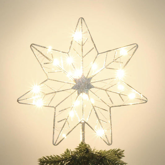 YEAHOME Christmas Tree Topper, Silver Glittered Hollow 7-Point Star Tree Topper, Lighted Wire Star with 20 LED Lights for Christmas Treetop, Xmas Tree Topper with Timer, Christmas Tree Decorations