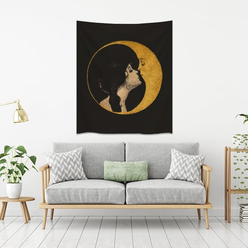 Dark Academia Woman Kissing Moon Art Tapestry Gothic Aesthetic Wall Hanging Witchy Picture Print Moon Goddess Tapestries Wall Decor for Living Room Bedroom Dorm 60x80inch