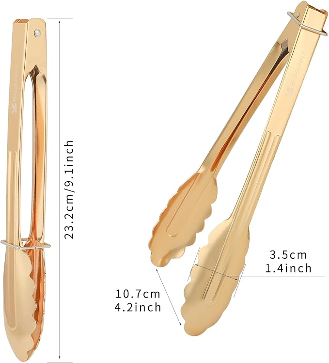 MSY BIGSUNNY 9 Inch Kitchen Food Tongs for Cooking and Serving- Aluminum - Set of 3 (gold-plated)