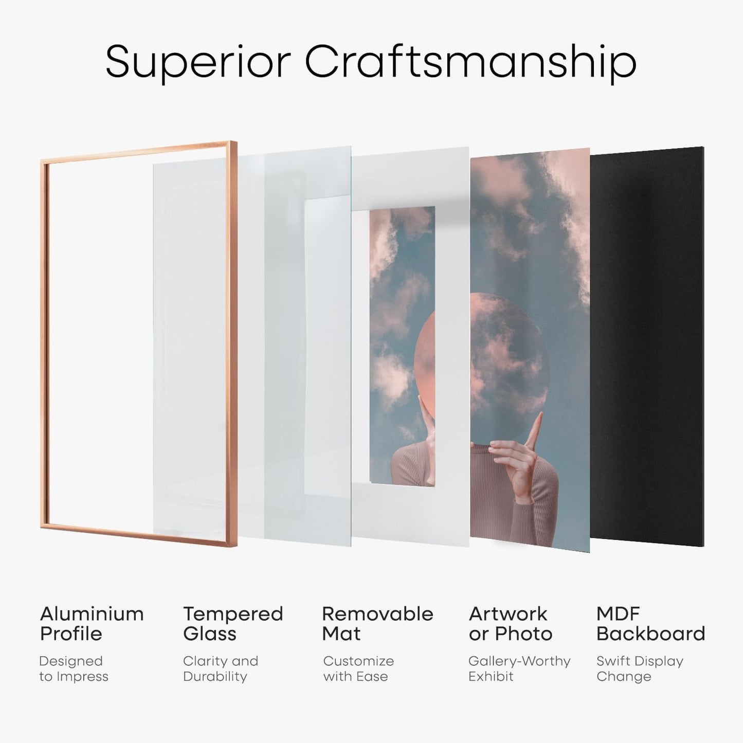 Homeforia Rose Gold 5x7 Picture Frame, High End Metal 5 x 7 Frames with Mat 4 x 6 for Print, 5by7 Desk Frame Matted to 4x6 inch Photo, 5 by 7 Wall or Tabletop Frame, Tempered Glass, Wall Kit, Set of 1