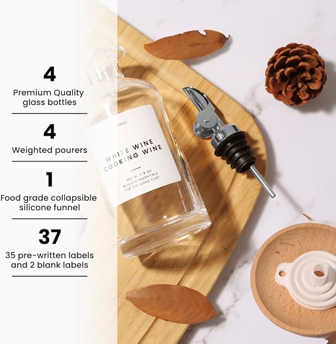 Molimoli Olive Oil Dispenser Bottle for Kitchen, Oil Dispenser w. Weighted Pourer, Glass Bottle Dispenser for Kitchen, Olive Oil Cruet, Glass Olive Oil Bottle | 350ml, Set of 4