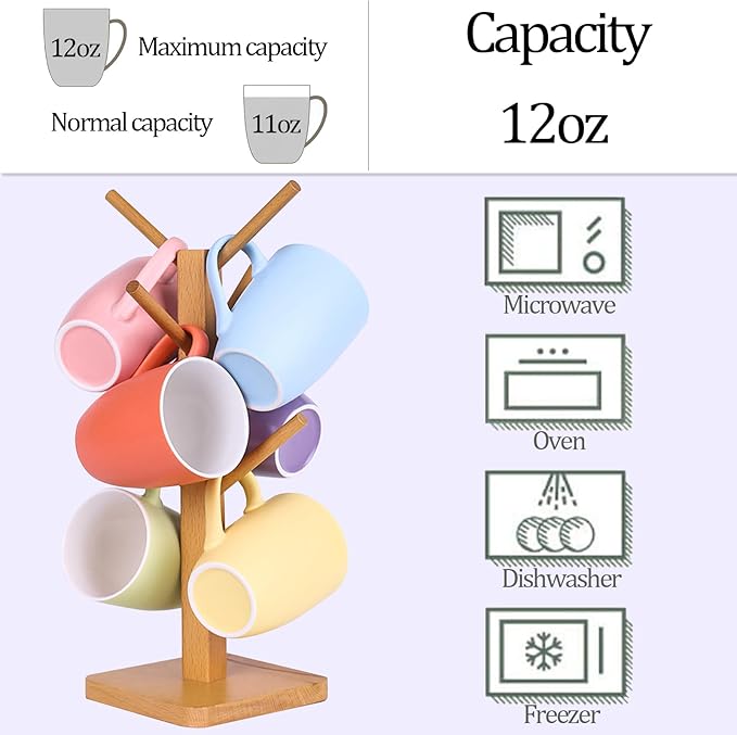 Coffee Mugs Set of 6, 12oz Ceramic Coffee Mugs with Handle, Colorful Matte Porcelain Coffee Mug for Latte, Tea, Cocoa, Cappuccino, Cups for Women Men for Home Restaurant Mug(Multicolour)