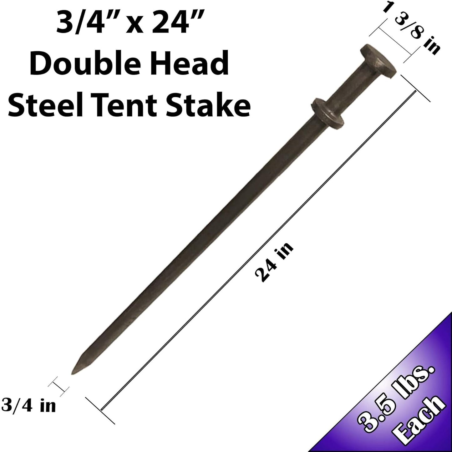 Double Head Tent Stakes - Heavy Duty Steel Tent Stakes, Versatile Ground Spikes to Anchor Commercial Inflatables, Party Tents, and Outdoor Camping Shelters, 3/4 x 24 Inch, 4-Pack