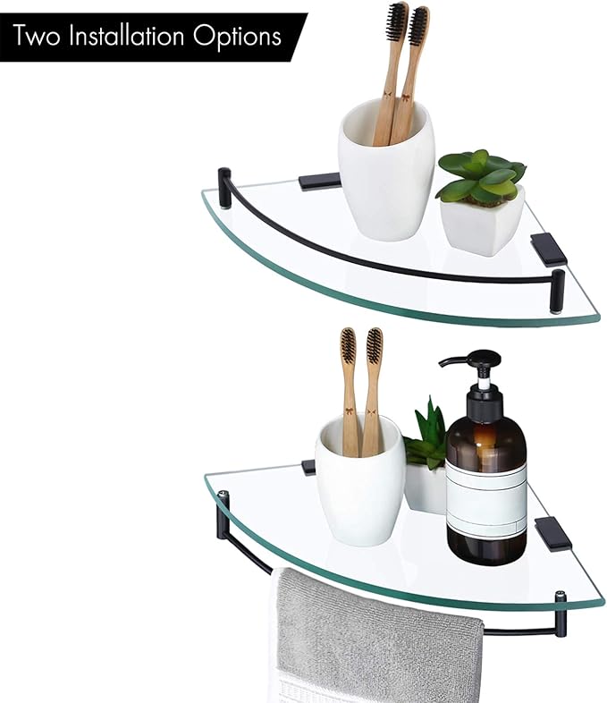 KES Bathroom Glass Corner Shelf Tempered Glass Shelf with Rail Wall Mount Corner Shelf SUS 304 Stainless Steel Matte Black 2 Pack, BGS2101A-BK-P2