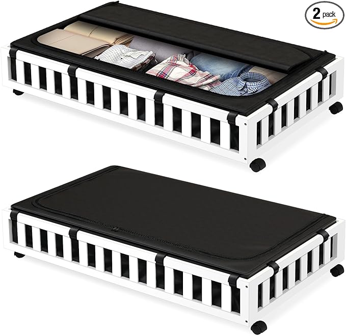 2 Pack Bamboo Under Bed Storage with Wheels, 39”x20”x7.8” Lager Under Bed Storage Containers (White)