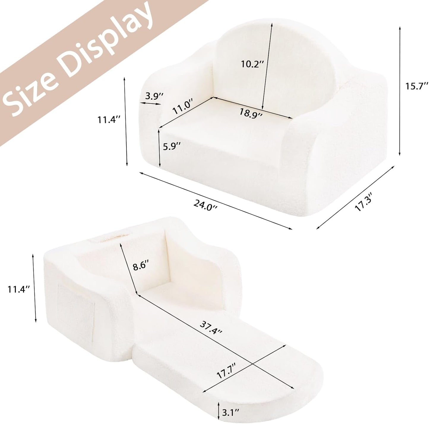 Welnow 2-in-1 Kids Sofa Chair, Convertible Toddler Chair Flip Out Children Sofa Chair with Wave Armrests Folding Kids Play Sofa with Side Pockets & Removable Cover Armchair for Girl or Boy