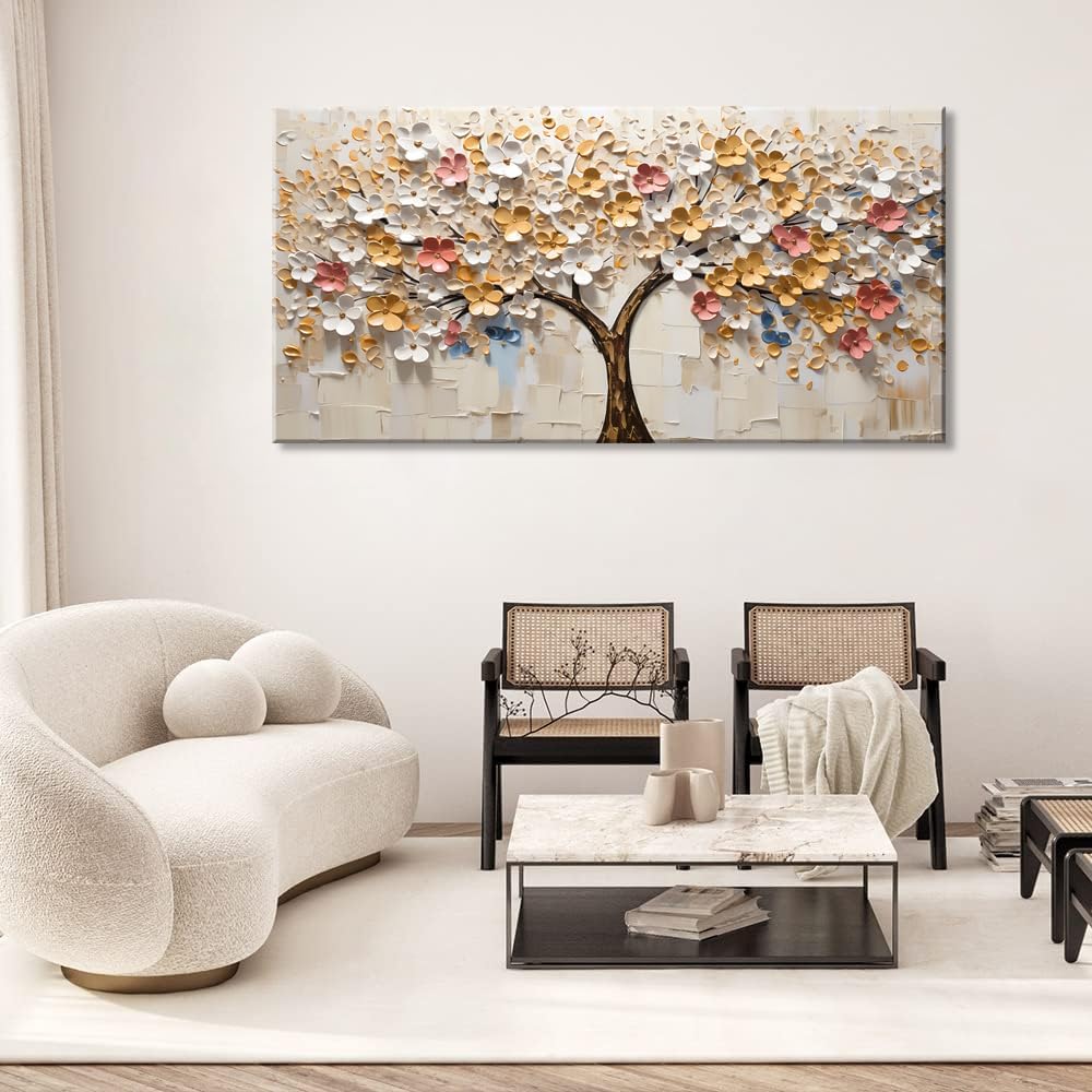 LASMOND White Spring Large Tree of Life Wall Art Office Decor Living Room Modern Painting Prints Pictures Abstract Floral Flower Nature Canvas Large Landscape Artwork (23x46 Inches)