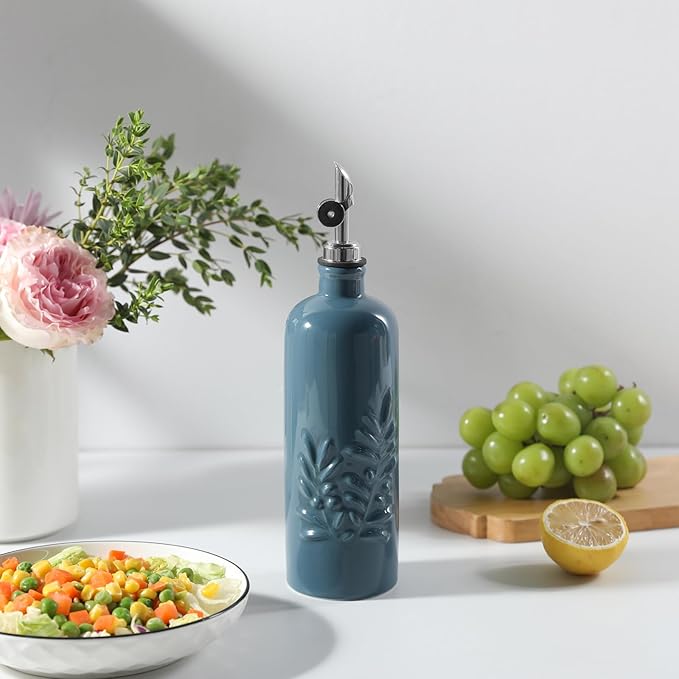 Sweejar 18 Oz Oil Dispenser for Kitchen with Gravity Spout, Ceramic Olive Oil Dispenser Bottle, Relief Opaque Vinegar Container for Evoo, Vinegar, Soy Sauce, Pack of 1(Fogblue, Silver Spout)