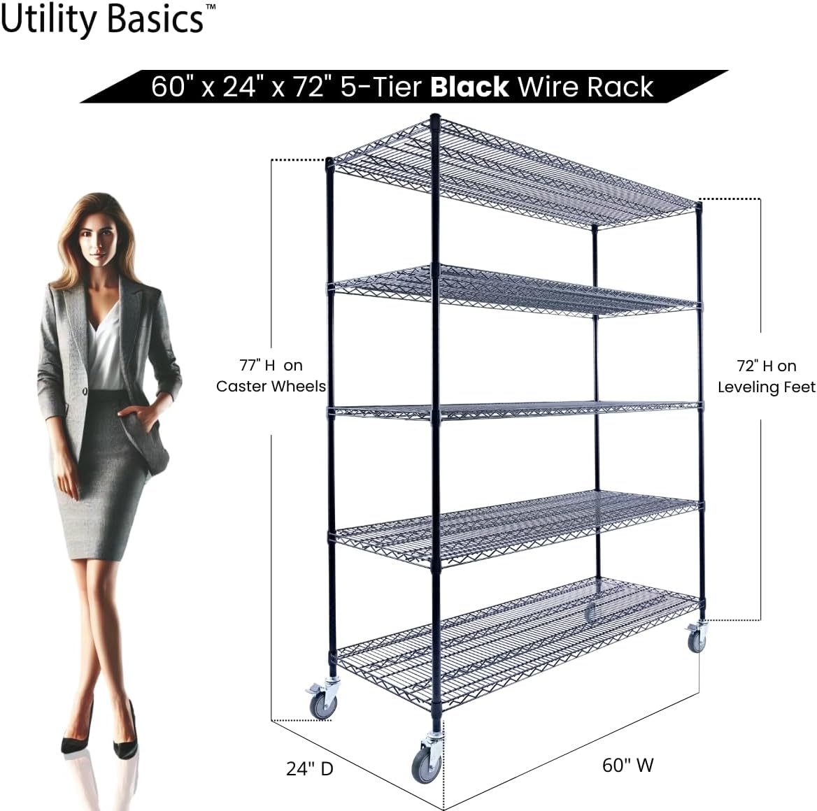 60"x24"x72" Black 5-Tier Premium Metal Wire Shelving NSF 4000 LBS MAX Capacity Heavy Duty Steel Storage Rack for Warehouse, Garage, Hospital, Commercial Space & School w/Premium Wheels