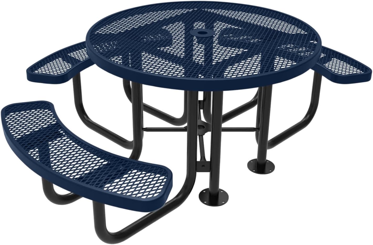 Heavy-Duty Portable Outdoor Picnic Table with Umbrella Hole, Expanded Metal Patio Dining Furniture Made in America (46" Round Top, Textured Dark Blue)