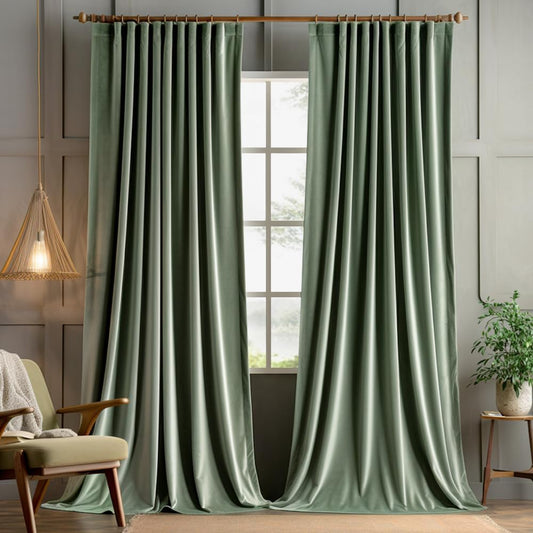 MIULEE Sage Green Velvet Curtains 108 inches 2 Panels - Pinch Pleated Luxury Room Darkening Window Drapes for Bedroom Living Room Thermal Insulated Super Soft Blackout Extra Long, Back Tab Rod Pocket