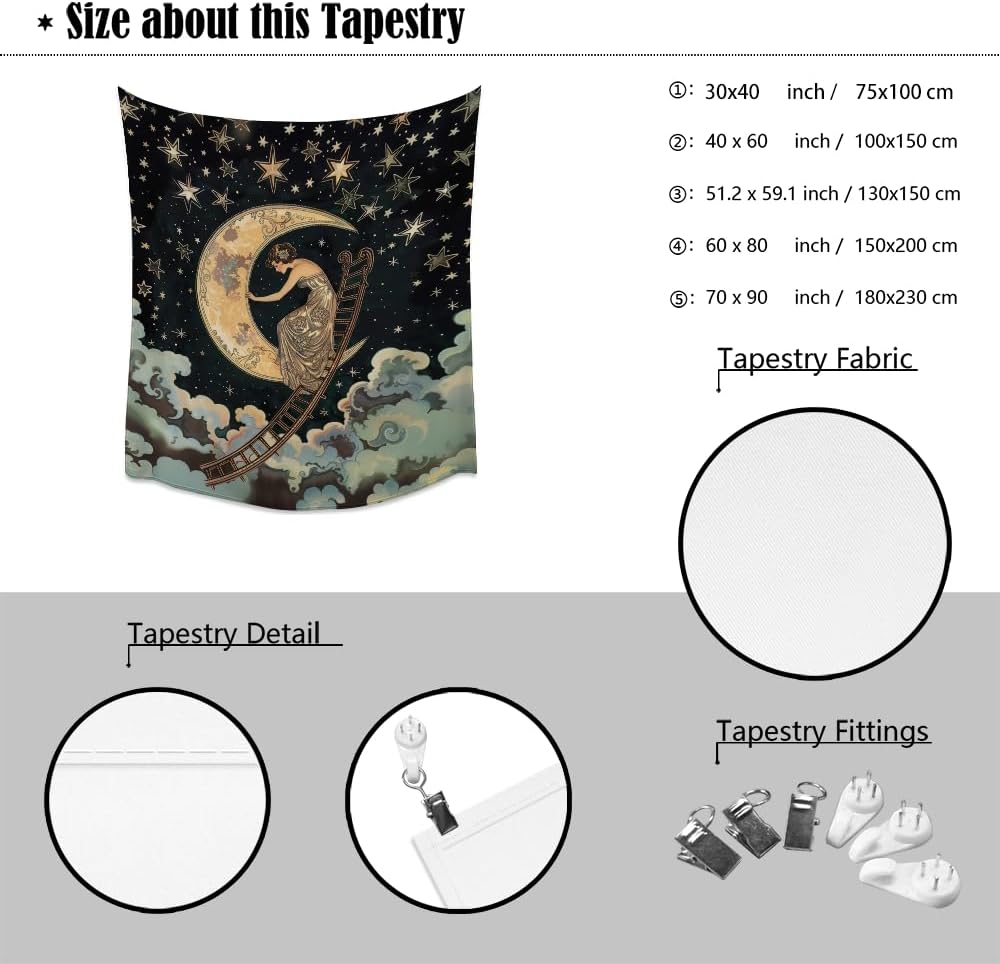 Dark Academia Gothic Aesthetic Tapestry ladder to The Moon and Stars Wall Hanging Print Trendy Vintage Art Nouveau Tapestries Decor for Home Bedroom Living Room 70x90inch
