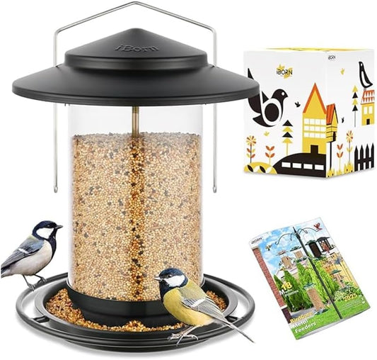 iBorn Metal Bird Feeders for Outdoors Hanging,Wild Bird Feeders for Cardinal,18cm Large Roof&Tray Black 6 Port (Seed is not Included)