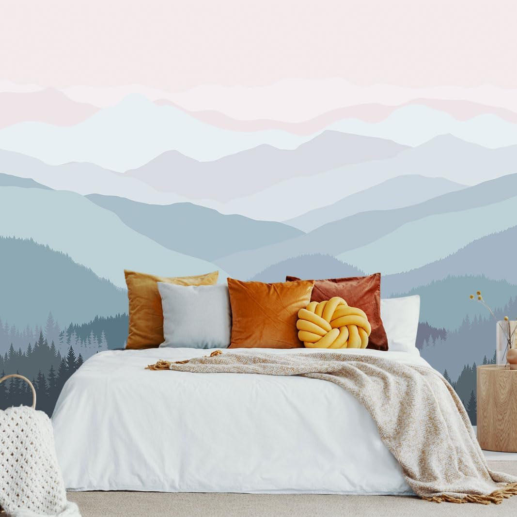 Modern Forest Mountain Peaks Wallpaper Pink Woodland Landscape Wall Mural for Bedroom Livingroom (Not Peel n' Stick)