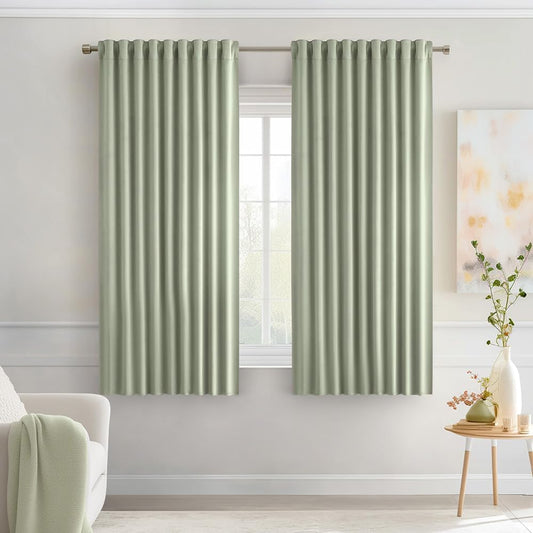 MIULEE Sage Green Back Tab Blackout Curtains 63 Inch Length 2 Panels Set for Living Room Bedroom Privacy, Rod Pocket/Pinch Pleat Thermal Insulated Room Darkening Pleated Light Blocking Drapes