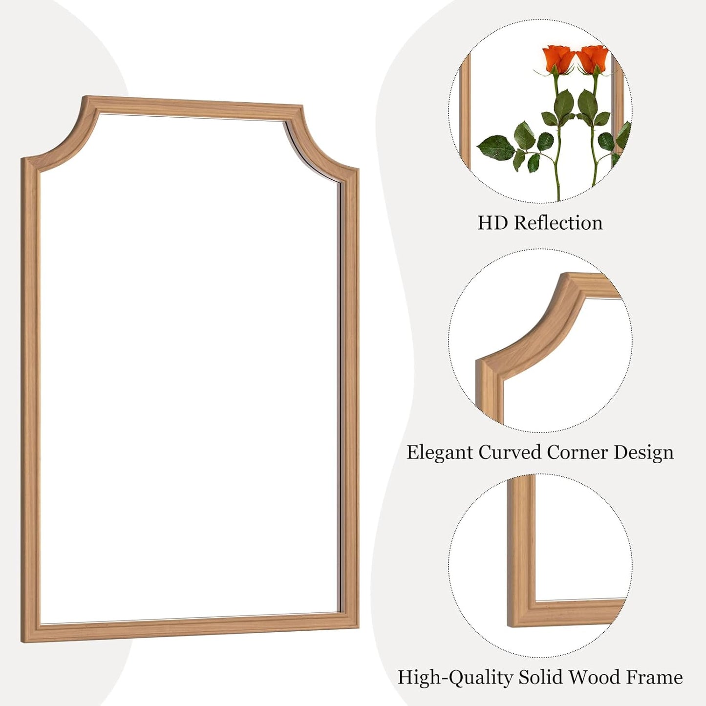 WallBeyond Wood Framed Mirror with Scalloped, 24" x 36" Farmhouse Arch Wall Mirror for Bathroom Entryway Living Room or Bedroom Home Decor [Honey-Colored]